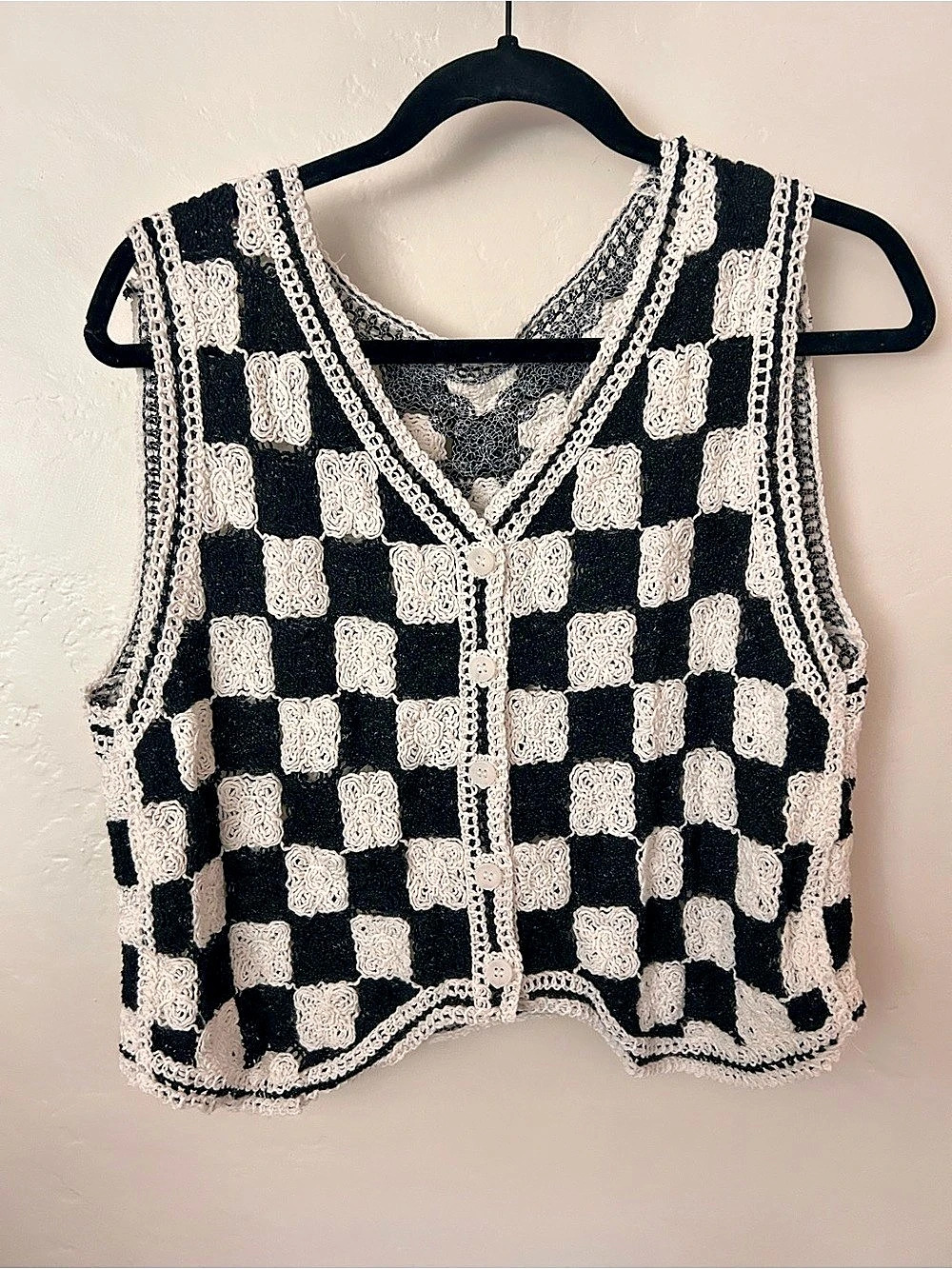 Black & Cream Checkered V-Neck Vest